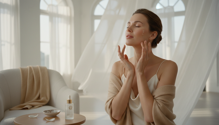A woman with glowing skin enjoying her skincare routine in soft morning light